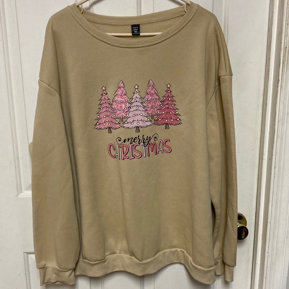 SHEIN Beige Sweater with Pink Christmas Trees